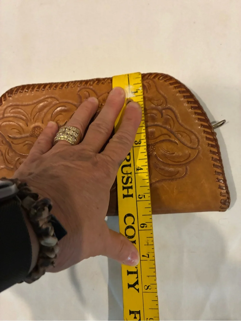 Hand-Tooled Floral Leather Clutch Wallet - Tan Brown Leather Big Zipper Wristlet